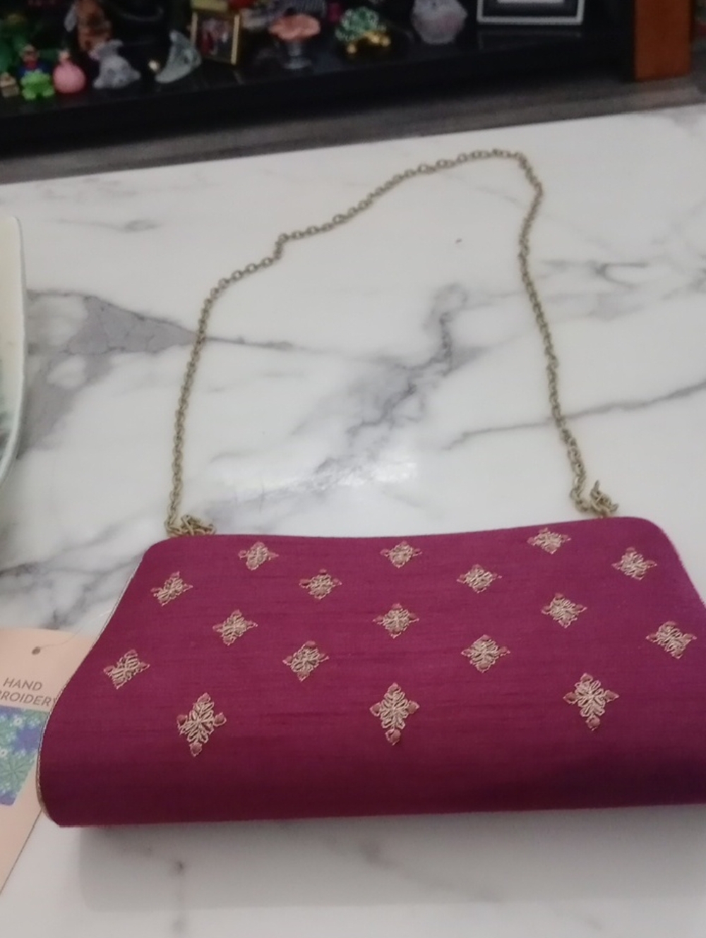 Embroidered Magenta Evening Clutch with Gold Chain